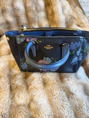 Coach Black Floral Leather Satchel with Blue Trim